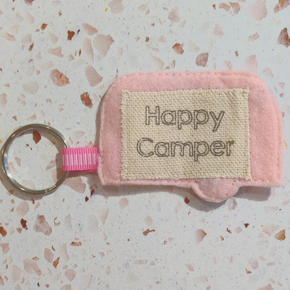 Happy Camper Key Fob Handcrafted Canvas Message Felt Applique Lace Bead | New #8
